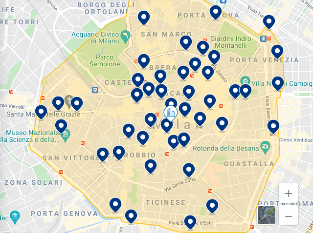 Mapa de la mejor región de Milán para hospedarse